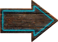 a wooden arrow sign with a blue neon light