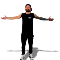 a man with his arms outstretched in front of a black background
